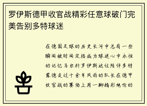 罗伊斯德甲收官战精彩任意球破门完美告别多特球迷 罗伊斯德甲收官战精彩任意球破门完美告别多特球迷